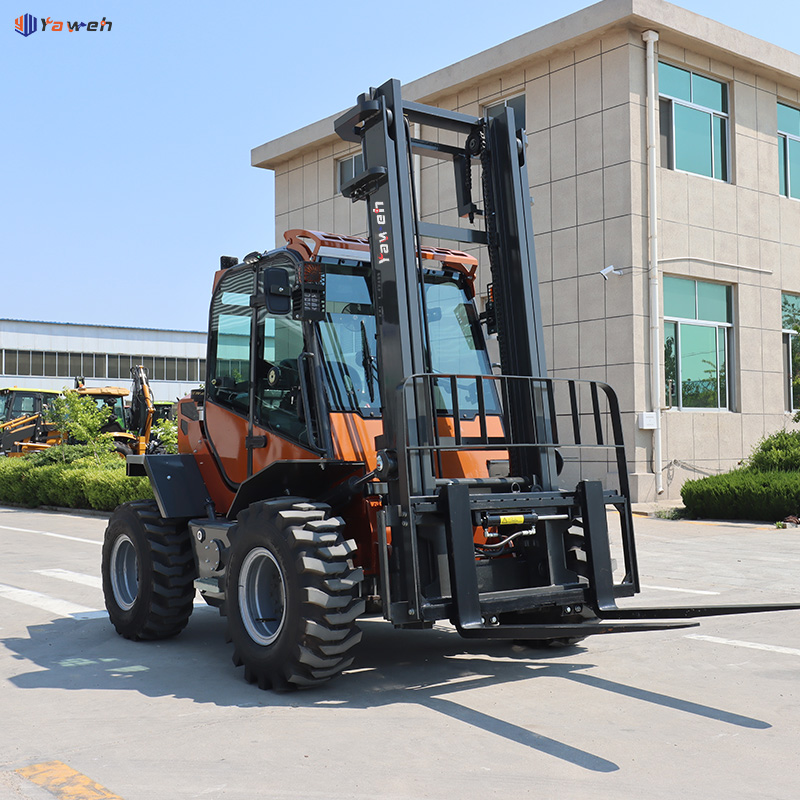 Rough terrain material handling machinery operating in a rugged quarry environment